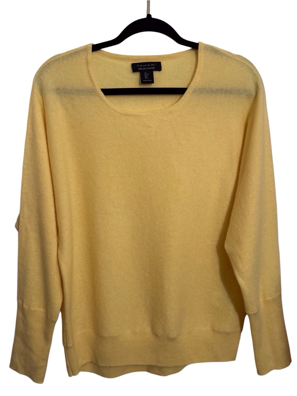 Tahari Size Large Yellow 100% 2 Ply Cashmere Sweater Crew Neck Long Sleeve